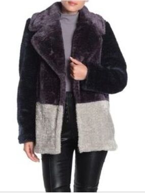FRENCH CONNECTION FAUX FUR COLORBLOCK TEDDY COAT SZ L